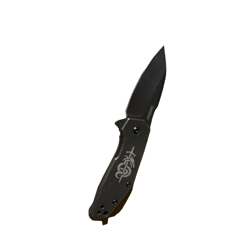 Kershaw 2065 Black Folding Knife 8Cr13MoV w/ Tribal Dragon Engraving EDC